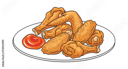 Delicious fried chicken wings with tangy tomato sauce on a white plate illustration