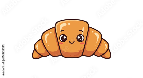 Delightful cartoon croissant character with big eyes and adorable smile radiating happiness