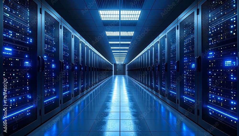 Fototapeta premium Data Center Corridor Server Racks Illuminated in Blue Light, Representing Digital Connectivity & Technology