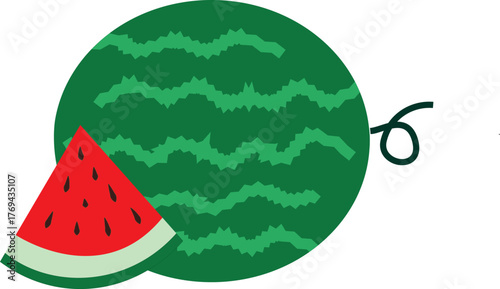 Illustration of a cartoon watermelon and triangular slices