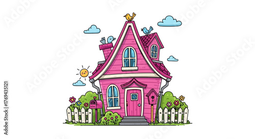 Delightful pink house with whimsical elements and cheerful avian inhabitants illustration