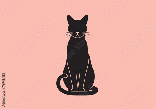 Silhouette of a black cat sitting upright with a curved tail against a pink background.
