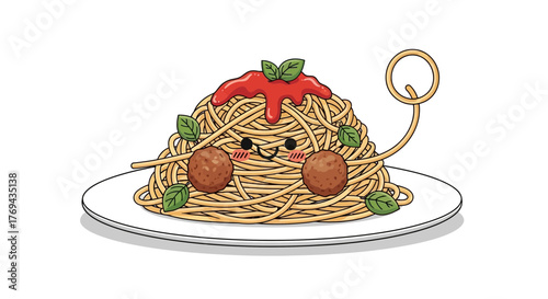 Delightful plate of spaghetti and meatballs with a happy expression illustration