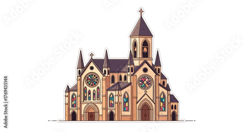 Detailed architectural drawing showcasing the facade of a majestic gothic cathedral