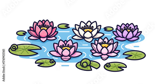 Charming illustration of colorful lotus flowers and lily pads floating on serene water surface