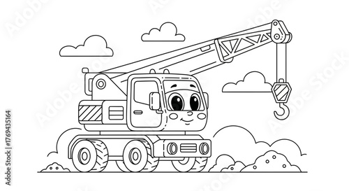 Charming monochrome illustration of a cartoon crane amidst fluffy clouds and construction material