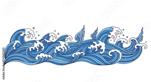 Detailed artistic blue waves illustration with intricate line work and flowing movement