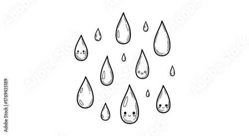 Charming monochrome raindrop illustration featuring expressive kawaii style faces and droplets