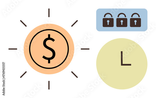 Dollar sign radiating light, three locks symbolizing security, and a clock highlighting time. Ideal for finance, savings, investment, time efficiency, security, planning simple flat metaphor