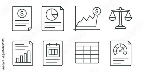 Set of six different graphs and charts, including a balance scale
