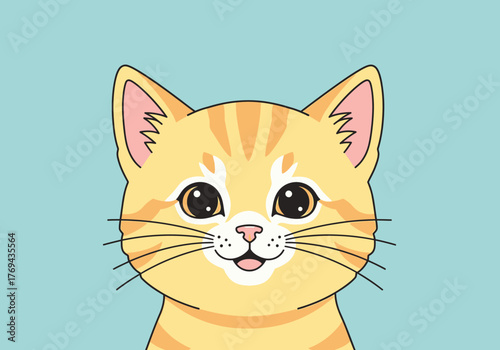 Charming orange tabby kitten illustration with a sweet smile and expressive eyes against a soft blue background, perfect for children's designs and animal themes