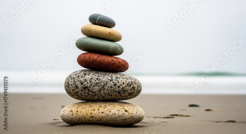 A careful stack of smooth, colorful pebbles balanced on a sandy beach, contrasting the soft shoreline and gentle waves in the background, creating a serene and tranquil natural setting