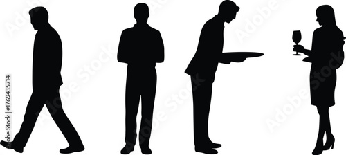 Human silhouette, serving posture, walking figure, wine tasting, black graphic, vector illustration, hospitality icon, tray gesture, event scene, social activityHuman silhouette