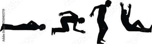 Human silhouette, movement sequence, jump progression, physical action, black graphic, vector illustration, athletic pose, dynamic motion, training icon, body gestureHuman silhouette, 