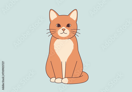A cute cartoon illustration of an orange tabby cat sitting patiently against a light blue background.