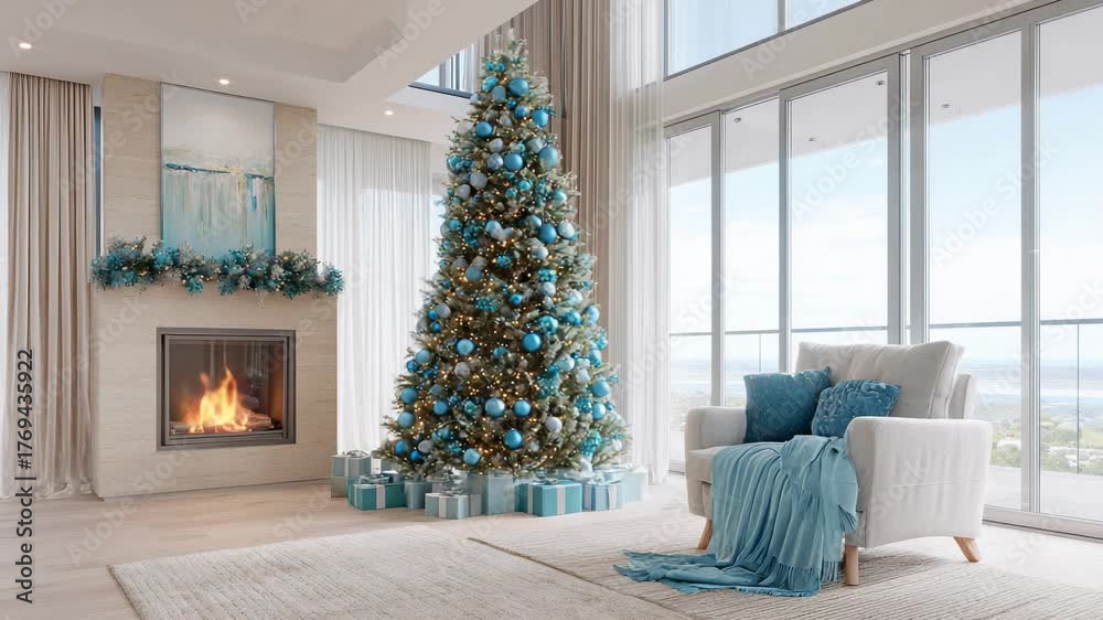 Elegant living room with blue decorated Christmas tree near fireplace and window overlooking winter landscape