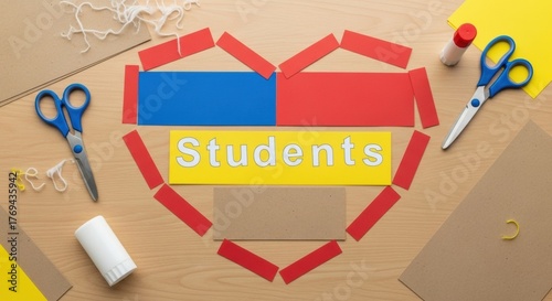Craft desk scene features a red heart frame around a blue banner reading Students with yellow letters, and surrounded by scissors, glue, yarn scraps, and rulers, capturing classroom creativity