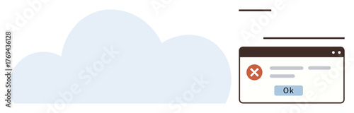Cloud with a browser window pop-up showing an error notification, red warning sign, and Ok button. Ideal for cloud computing, data storage, tech errors, UI design, cybersecurity, troubleshooting