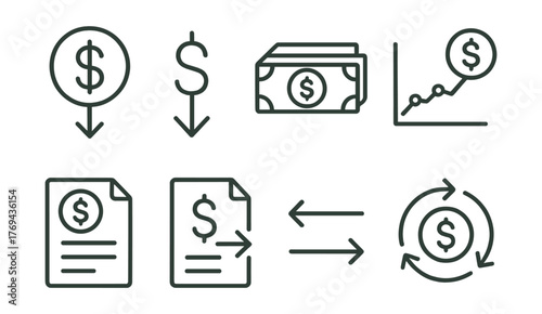 Set of six different dollar signs and dollar bills