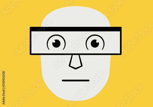 Simple flat illustration of a person's face with wide eyes wearing a rectangular visor or mask, against a vibrant yellow background, minimalist design