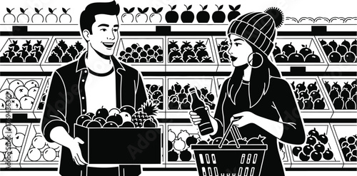 Smiling couple happily shopping for fresh produce in a grocery store aisle