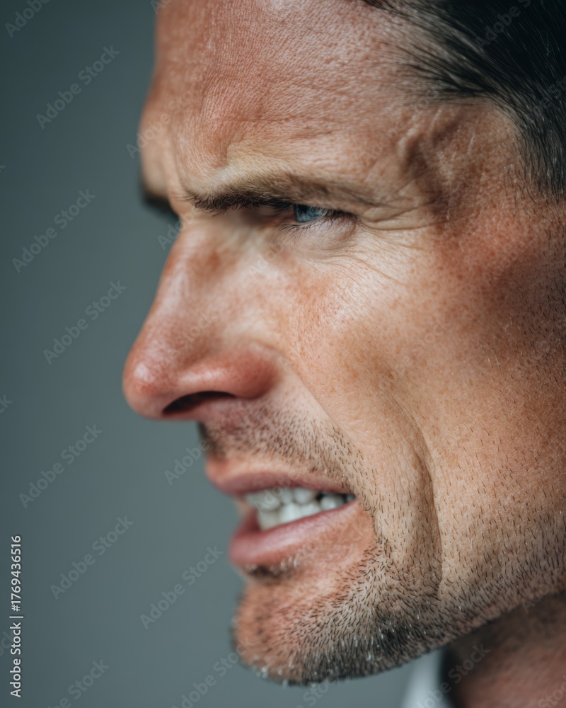 Fototapeta premium Man with a clenched jaw showing focus and tension before an important presentation.