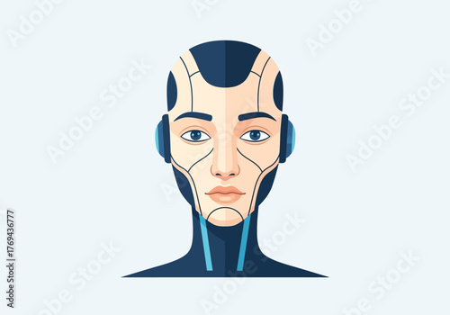 Futuristic robot android face with human-like features and subtle blue accents