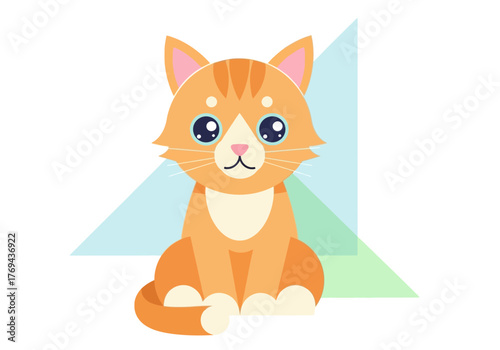 A cute cartoon orange tabby cat with big blue eyes sits patiently against a white background with abstract geometric shapes.