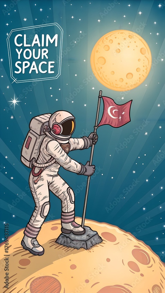 Fototapeta premium Astronaut from Turkey planting flag on the surface of the moon