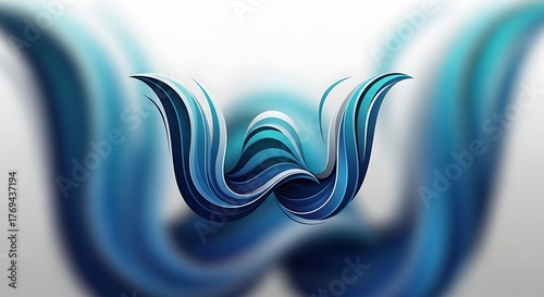 Abstract blue and white flowing letter W design with a fluid, wavy texture on a blurred background, showcasing dynamic curves and gradients.