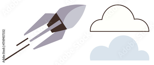 Rocket propelling upward with two clouds symbolizing goals and challenges. Ideal for innovation, progress, growth, exploration, ambition, startup success, futuristic vision. Simple flat metaphor
