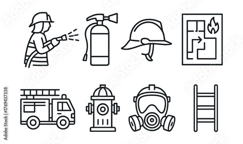 Series of black and white icons of firemen and firefighting equipment