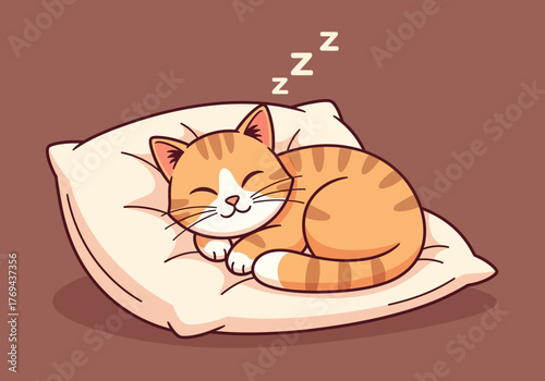 A cute ginger tabby cat is sleeping peacefully on a soft, cream-colored pillow, appearing very comfortable and content