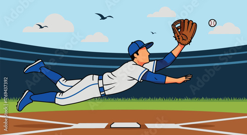 Athletic baseball player dives for a catch during an outdoor game