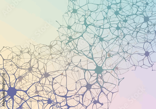 Abstract neural network illustration with interconnected nodes and lines.