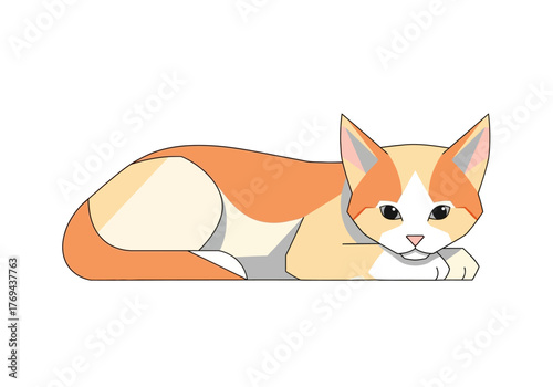 A cute cartoon cat with orange and white fur is lying down and looking forward.