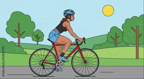 Fit woman enjoying a sunny day cycling through a park