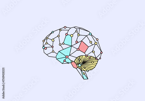 Stylized brain illustration with interconnected nodes and geometric shapes on a light background.