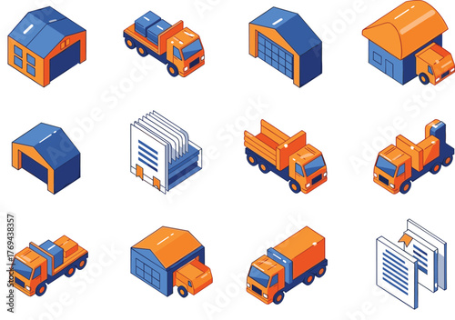 Logistics, Warehouse, and Transportation Isometric Icon Set: Shipping, Storage, and Delivery Truck Vector
