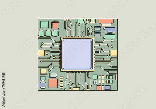 A stylized illustration of a central processing unit (CPU) chip on a green circuit board with various electronic components.