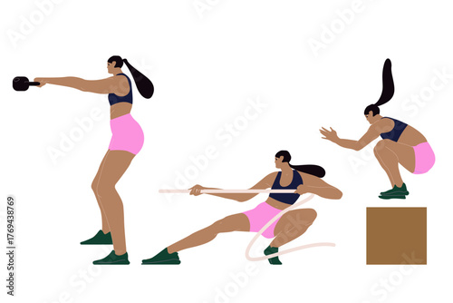 Crossfit training workout set. Woman performing physical exercises in gym. Functional sports activity with rope,  dumbbell. Flat vector illustration isolated on white background. 