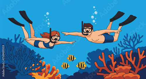 Couple snorkeling together exploring vibrant coral reef and tropical fish underwater.