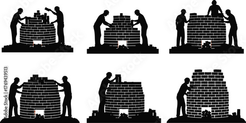 Silhouette vector illustration of workers building traditional brick kiln with fire, teamwork, cultural heritage, construction process, safety, repair, industry, and craft