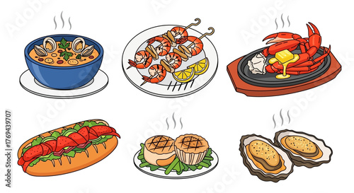 Colorful cartoon vector set of seafood and bowl illustration
