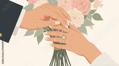 Hands exchanging wedding rings over a bouquet of roses
