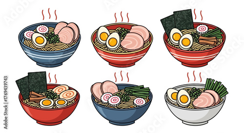Set of 6, ramen, hot, Vector art style, Flat design illustration, clean outline, plain white background