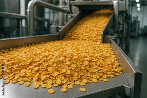 Production process and environment combine to create golden cornflake cereal on a factory with industrial machinery