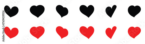 Isolated Red and Black love heart icon set on white background. Modern hand-drawn valentines love icon set.  Abstract graphical doodle love icon drawing. Hand made graphical heart icons. EPS 10. 
