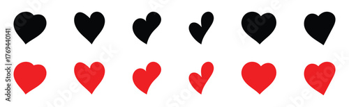 Isolated Red and Black love heart icon set on white background. Modern hand-drawn valentines love icon set.  Abstract graphical doodle love icon drawing. Hand made graphical heart icons. EPS 10. 