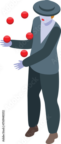 Street performer juggling red balls while wearing a gray suit and hat